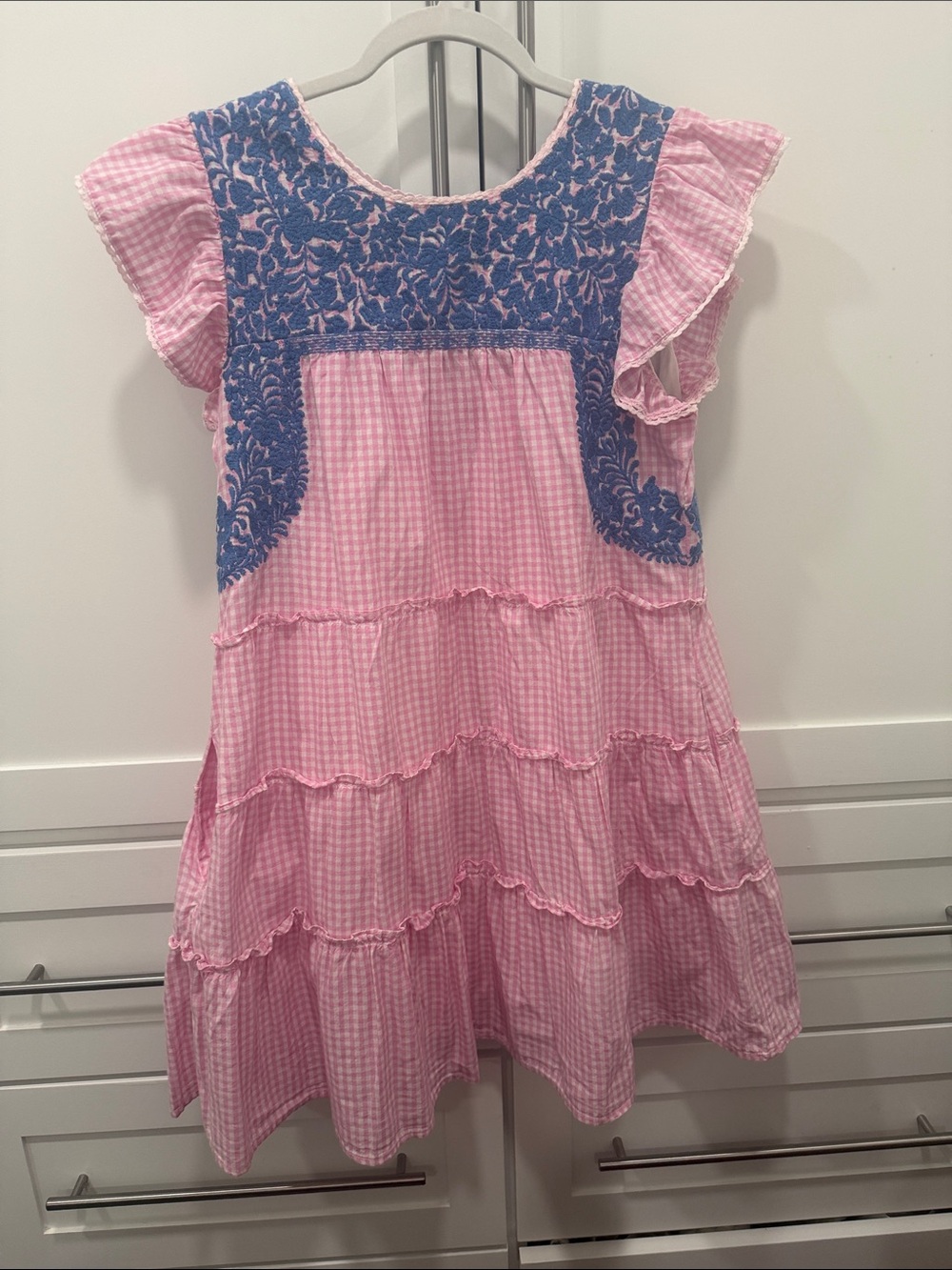 Girls Pink Gingham Dress with Blue Embroidered Yoke - Casual Tiered Sundress